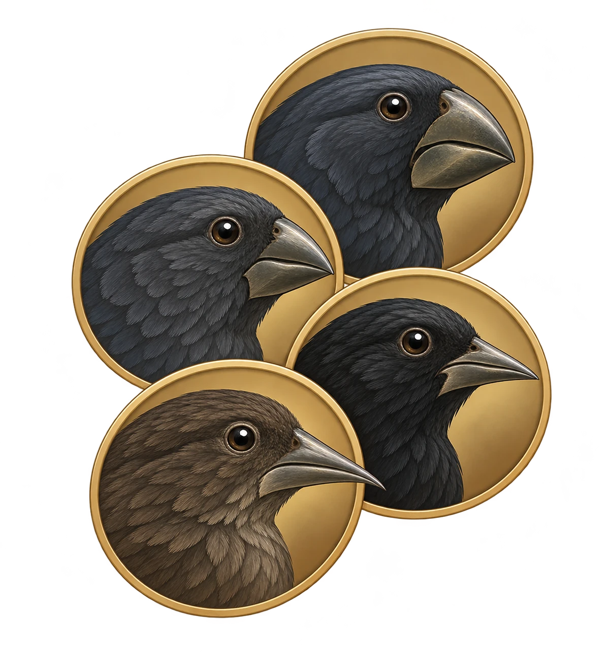 Four finches with different beaks and feather colors