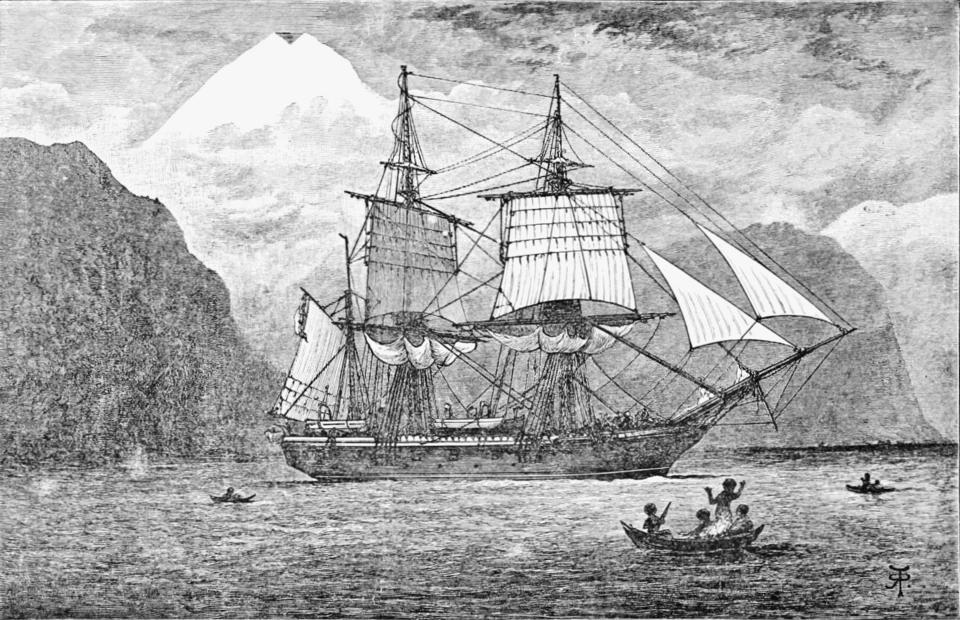 Historical engraving of HMS Beagle in the Straits of Magellan