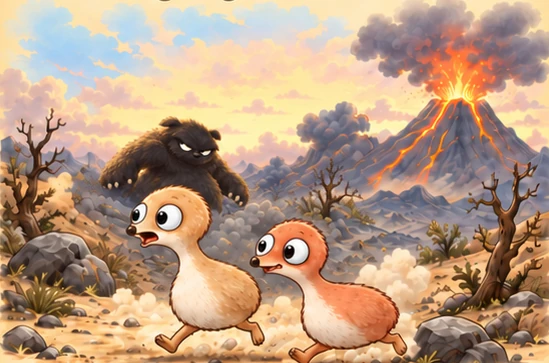 Beasties with a predator and erupting volcano